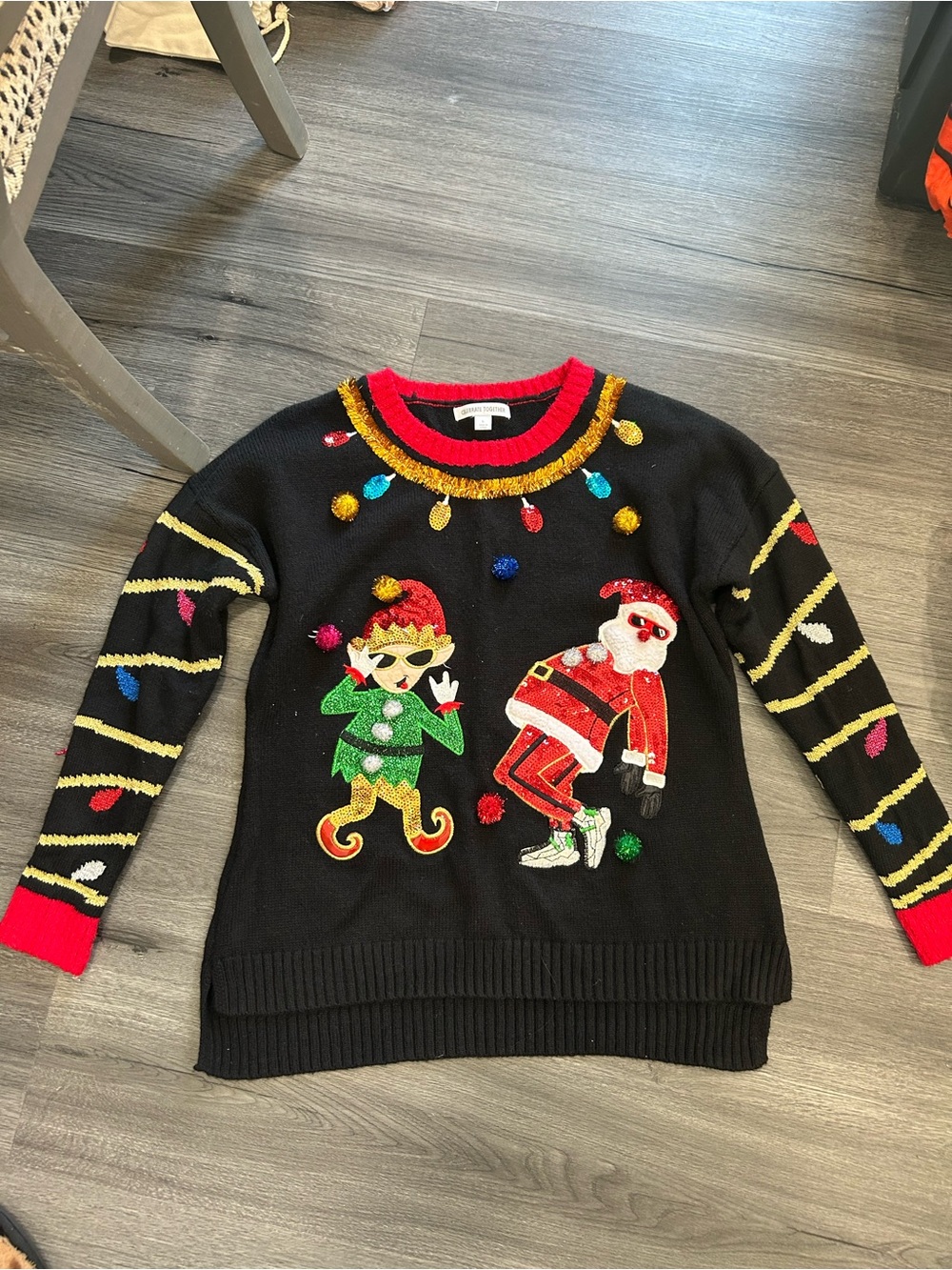 Black Christmas Elf & Santa Embellished Sweater